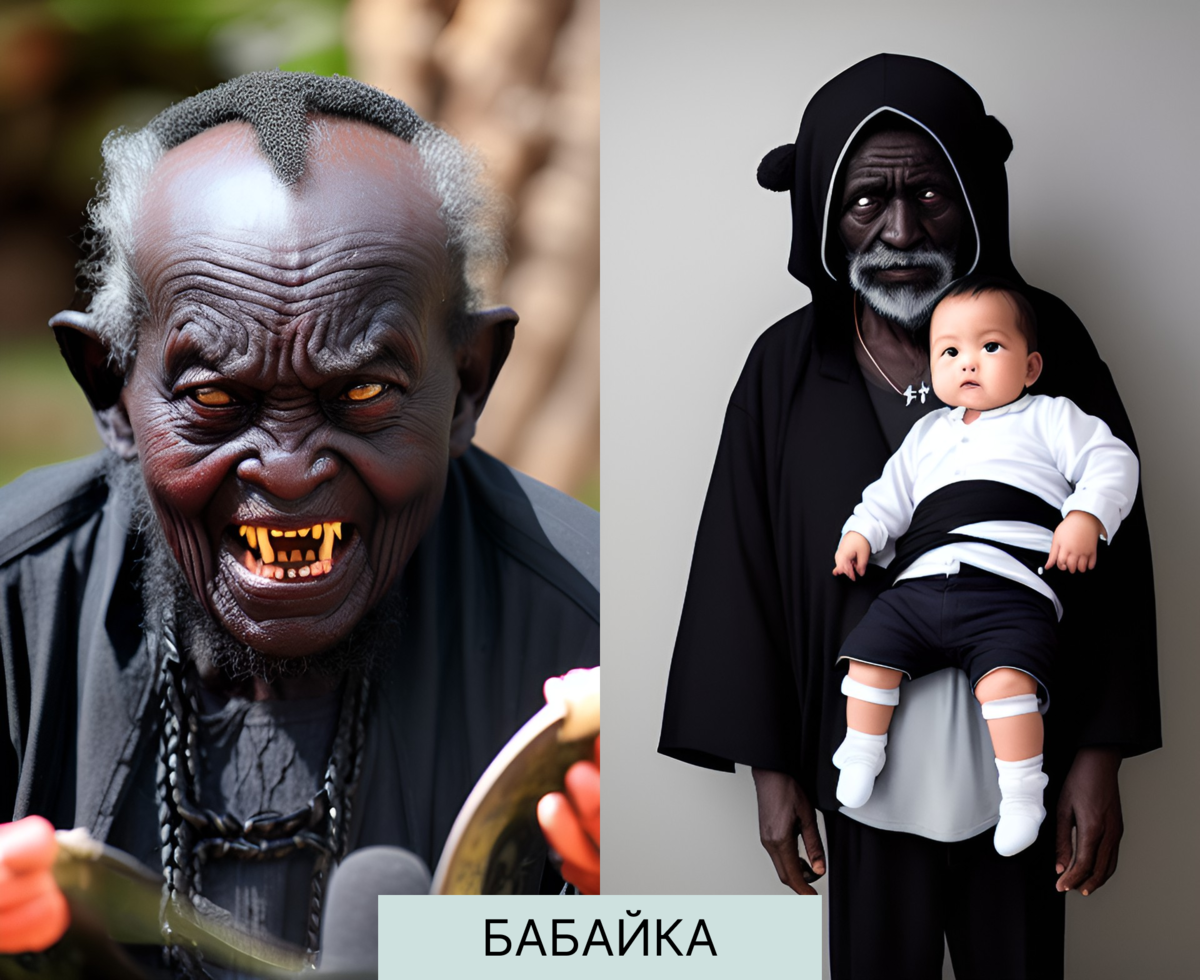 В детстве нам часто говорили: Спи давай, а то Бабайка заберет... В общем, хорошо, что мы все таки засыпали))) Не надо нам таких встреч! В описании, если коротко, это страшный старик с черной кожей.