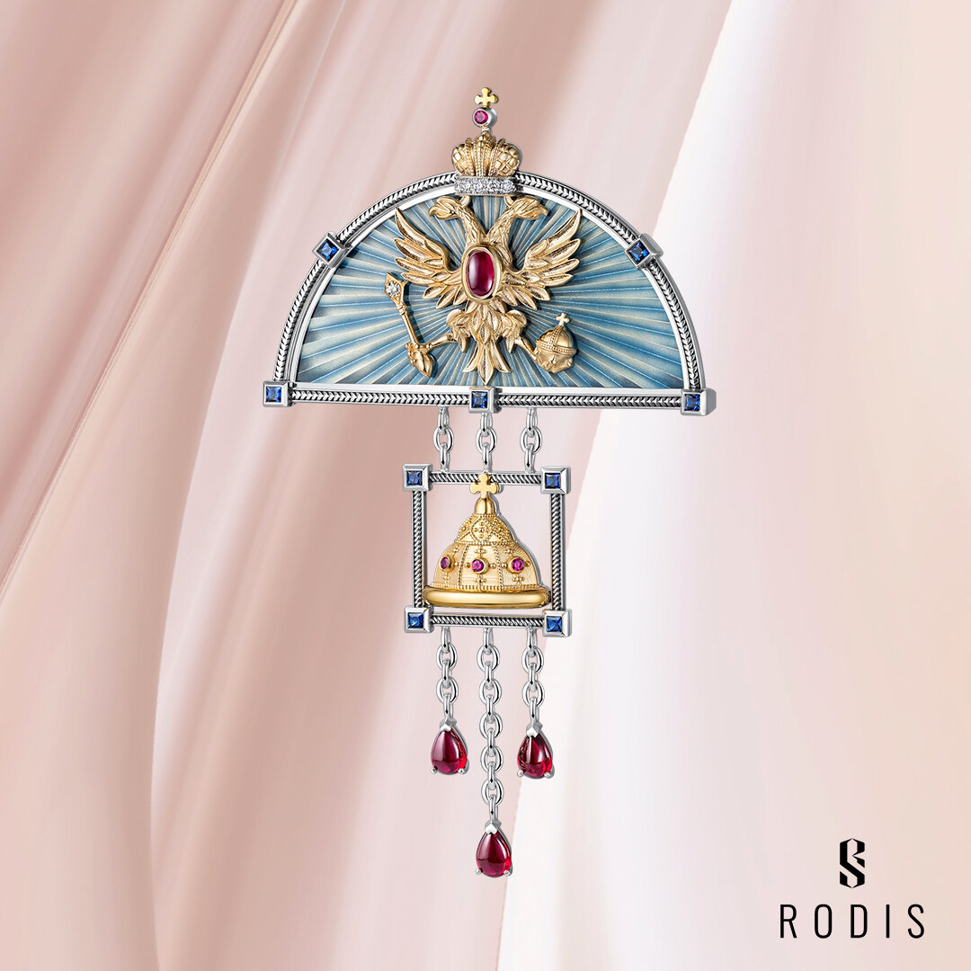 "ИМПЕРИЯ" БРОШЬ, серебро 925 пробы, бриллианты, золото 585 пробы, рубины, сапиры, горячая эмаль