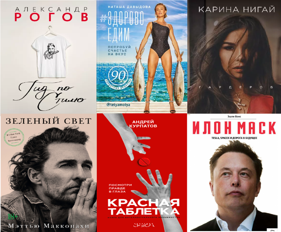 Александр Рогов «Гид по стилю», Наташа Давыдова «#Здоровоедим. Попробуй счастье на вкус» , Крина Нигай «Гардероб»,  Мэттью Макконахи «Зеленый свет», Андрей Курпатов «Красная таблетка», Эшли Вэнс «Илон Маск TESLA, SpaceX и дорога в будущее» 