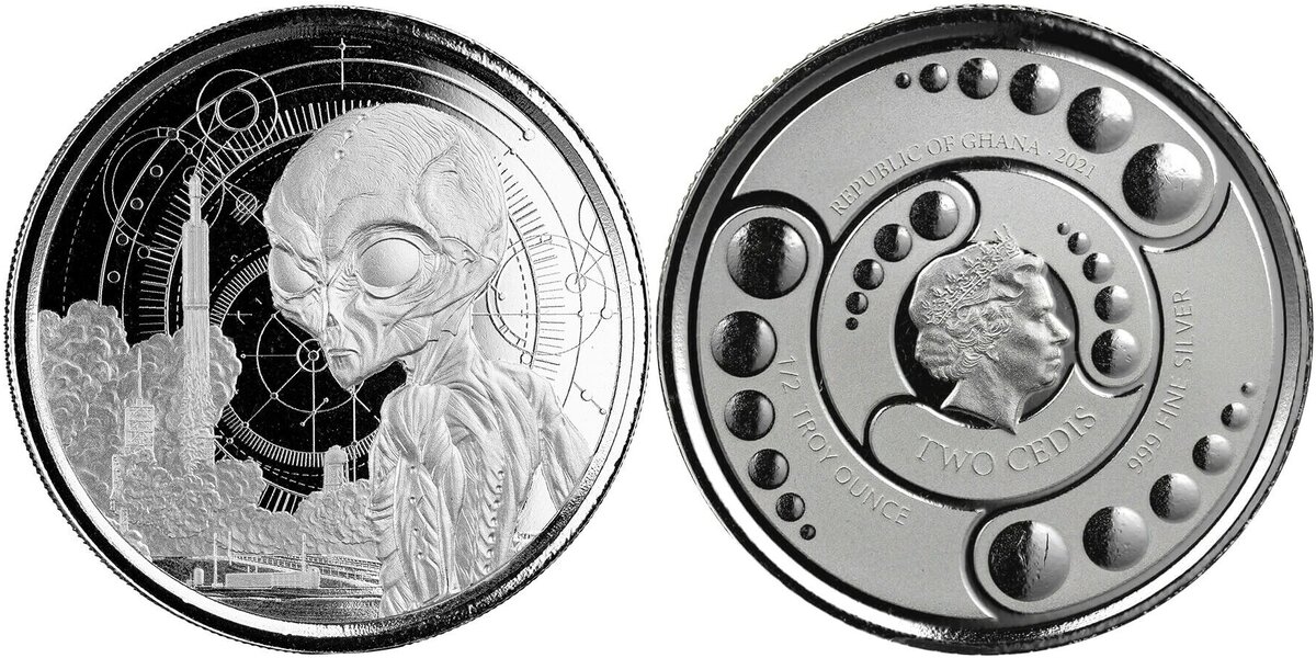 Гана - 2 седи 2021 года "Alien" (серебряный сплав 999 пробы, тираж - 4000 экземпляров). Качество чеканки - "Brilliant Uncirculated". Масса чистого металла - 1/2 тройской унции
