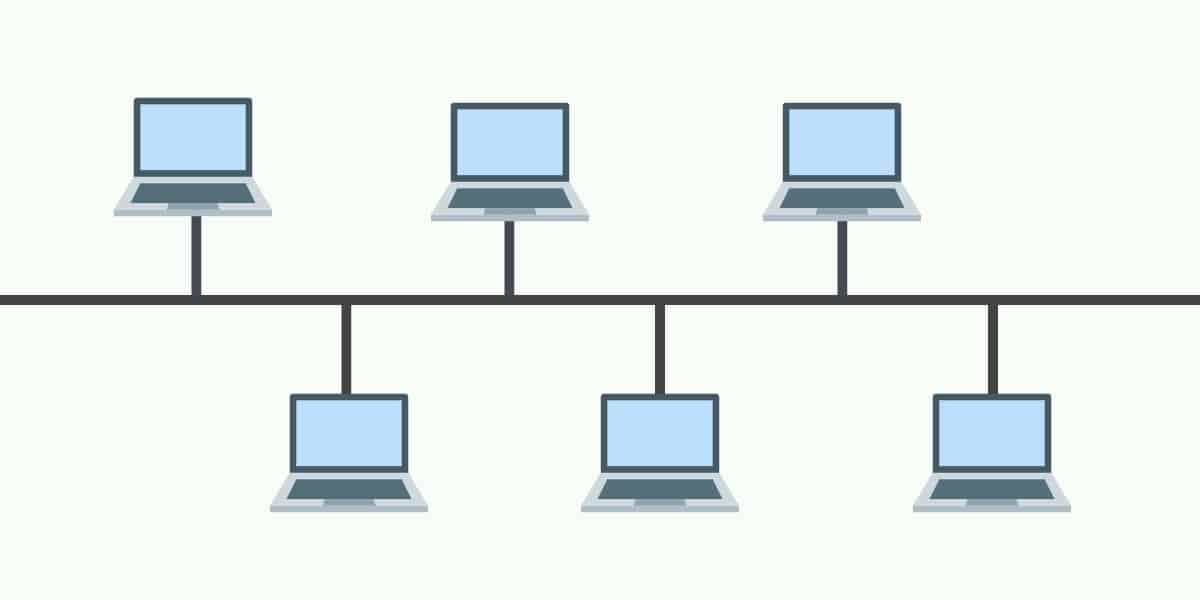 При построении сети по данной схеме каждый компьютер подсоединяется к общему кабелю на концах