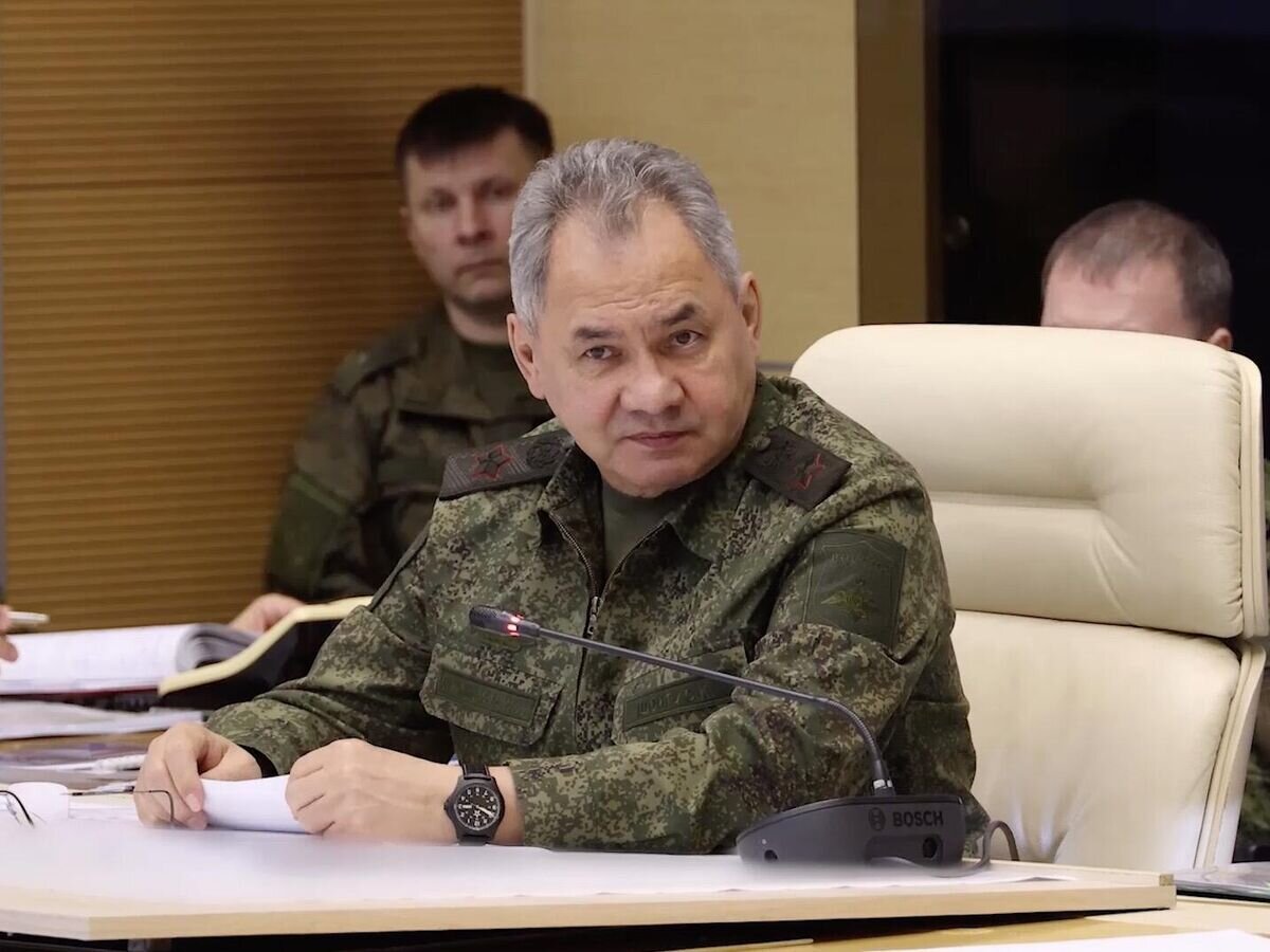    Министр обороны России Сергей Шойгу проводит совещание с заместителями министра обороны РФ в рамках работы в штабе объединенной группировки российских войск. Кадр видео© Минобороны России