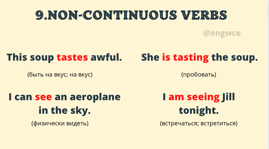 Non continuous verbs. Глаголы нон континиус. Глаголы не употребляемые в Continuous. Глаголы кот не употребляются в Continuous. Глаголы которые не употреблять в Continuous.