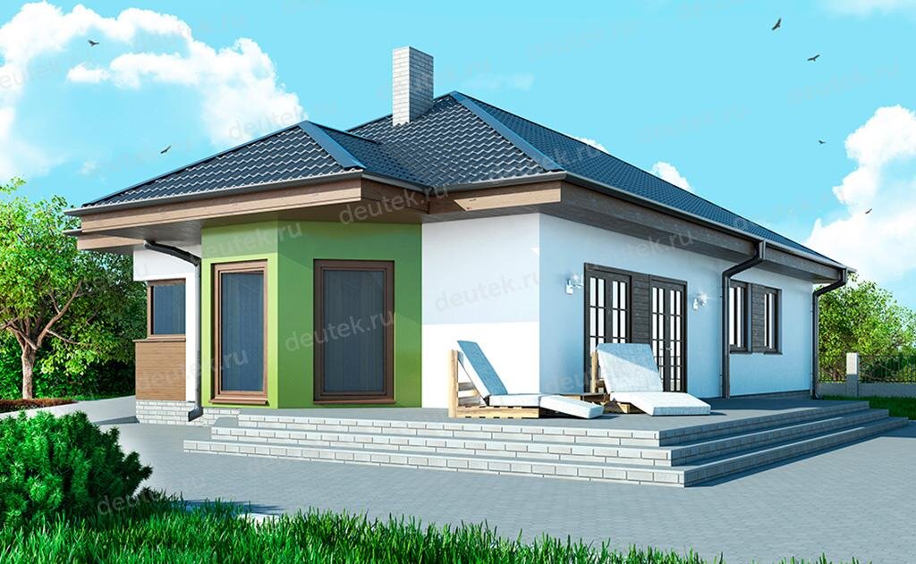 Проект одноэтажного дома 133 м2 с гаражом, террасой и эркером - DT0603