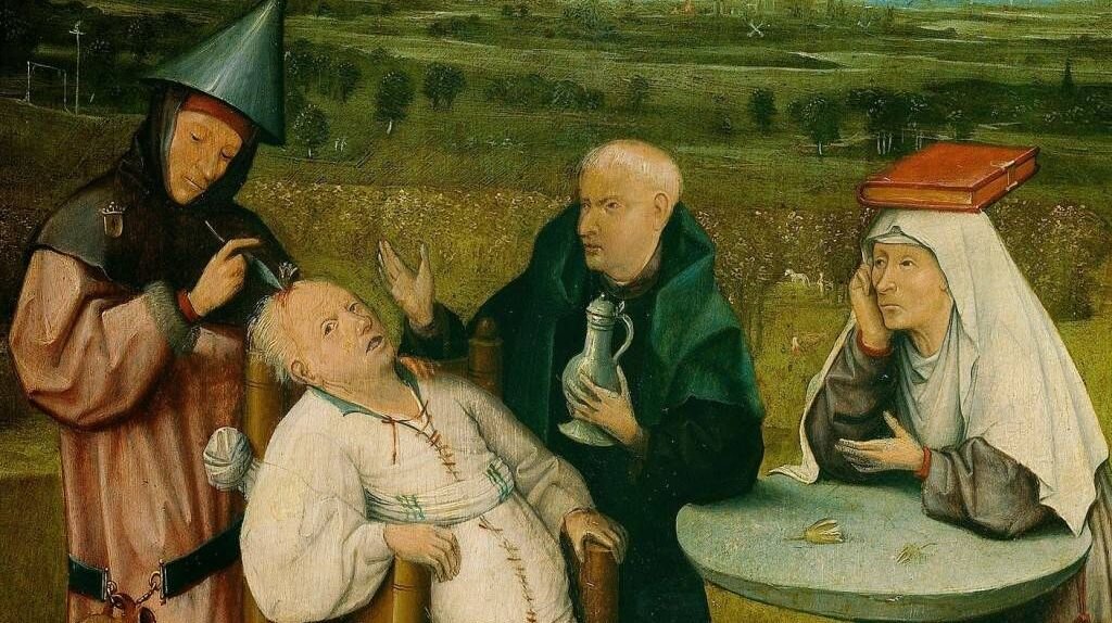 В Средние века существовало поверье о том, что глупость и другие умственные отклонения связаны с тем, что в человеческой голове есть какие-то лишние камни, наросты. И если их удалить, то человек поумнеет. Эта тема нашла отражение в картине голландского художника Иеронима Босха (1460-1516), фрагмент которой здесь приведен. Камни в голове – это аллегория, отражающая диагноз болезни, характерной для различных областей деятельности. Эта тема актуальна и в наше время. В условиях бюрократизации, поразившей также сообщество учёных, грань между наукой и её имитацией не всегда чётко просматривается. Приверженность устаревшим представлениям об устройстве окружающего мира, игнорирование фактов, противоречащих признанным теориям, ложно истолкованные данные наблюдений и экспериментов – вот камни в головах, мешающие развитию физической мысли. Это наблюдается и в концептуальных подходах к проблеме физического вакуума.