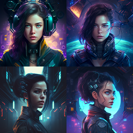 "A girl with dark hair against a backdrop of a technological world, in a futuristic style."