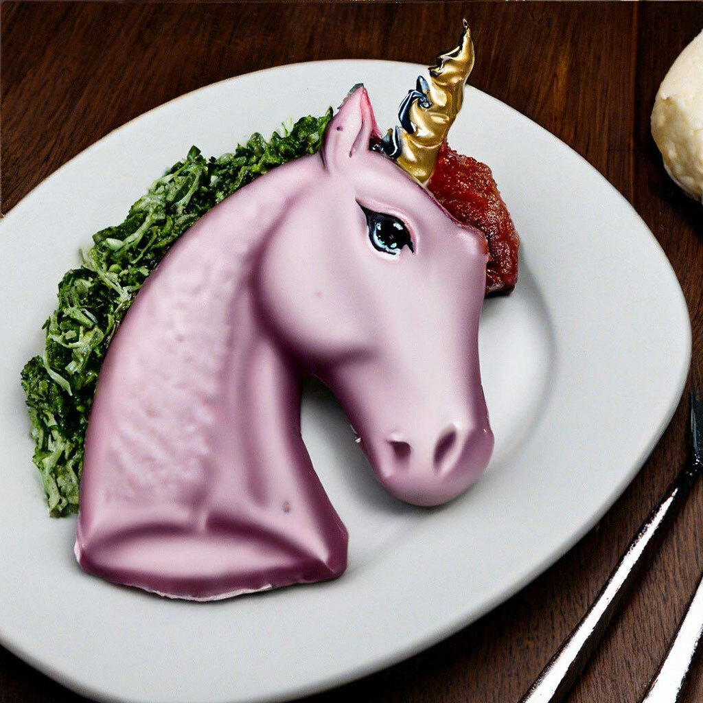 Именно так ИИ представляет себе стейк из единорога. По мне, так десерт :)