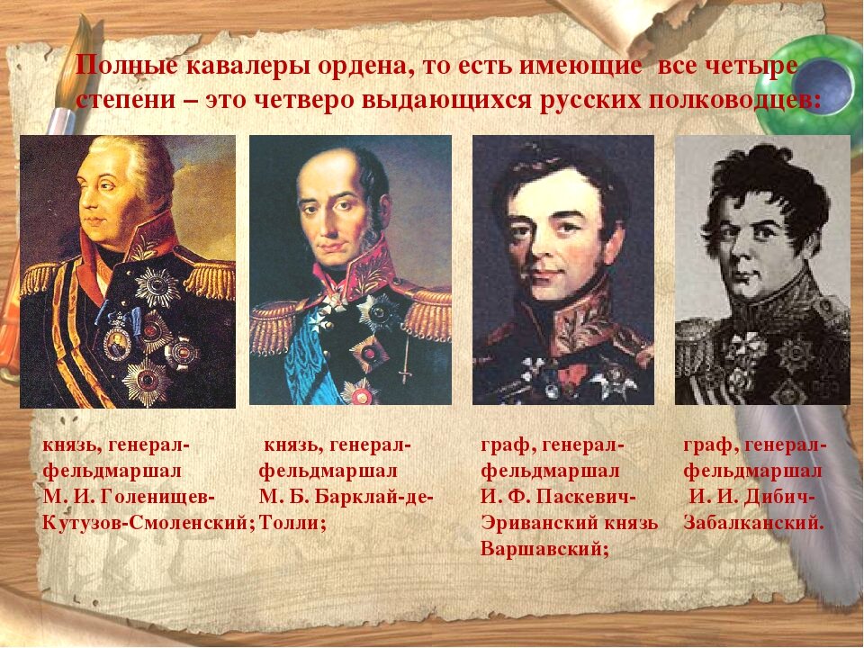 Высшая награда полководца 6 букв. Кутузов Дибич Паскевич. Полный кавалер ордена Святого Георгия полководец. Ордена Святого Георгия Кутузова полный кавалер.