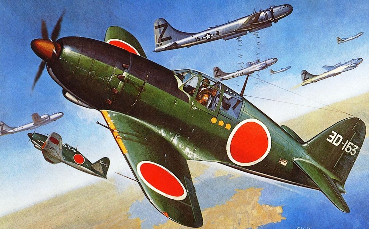 Пара J2M3 302-го корпуса (302th Kokutai) фланирует мимо "Сверхкрепостей" 500-ой бомбардировочной группы (500th BG). Этот арт художника Шигео Коике (Shigeo Koike)  использовался на коробке первого издания "Райдена" в масштабе 1/72 от фирмы Hasegawa в далеком 77-ом году. Самолет на переднем плане (YoD-153) не вымысел, такая машина существовала, однако кто на нем летал -  неведомо.  