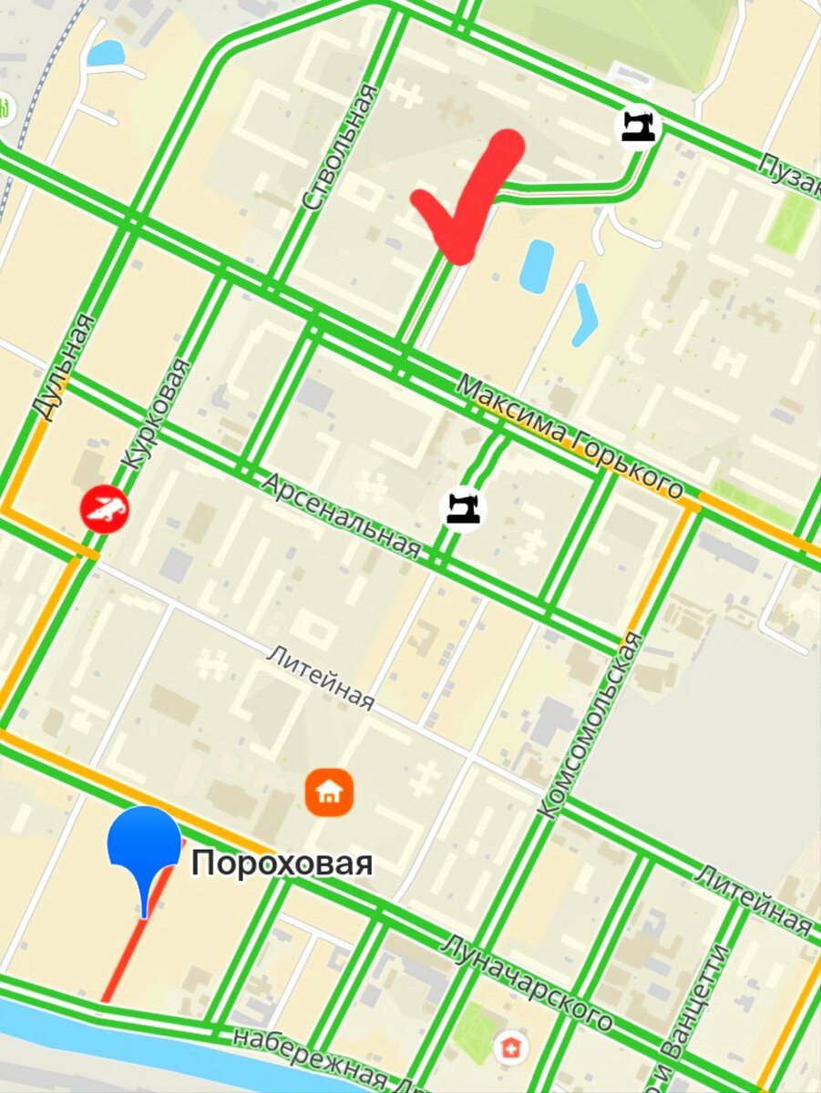 Где поставила красную галочку, там продолжение улицы Пороховой.