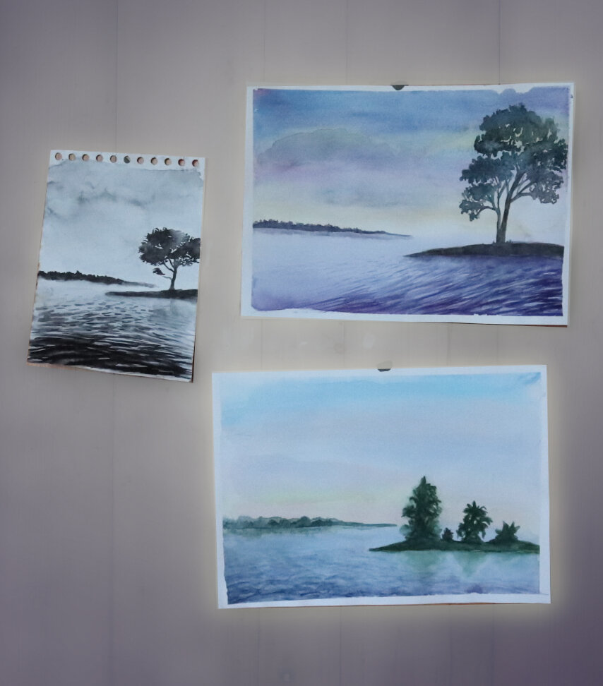 Цвета в редакторах не корректировала, только фон (дверь, к которой приклеила клячкой рисунки для фоток) тонировала и размыла. Прикольный эффект коллажа получился.