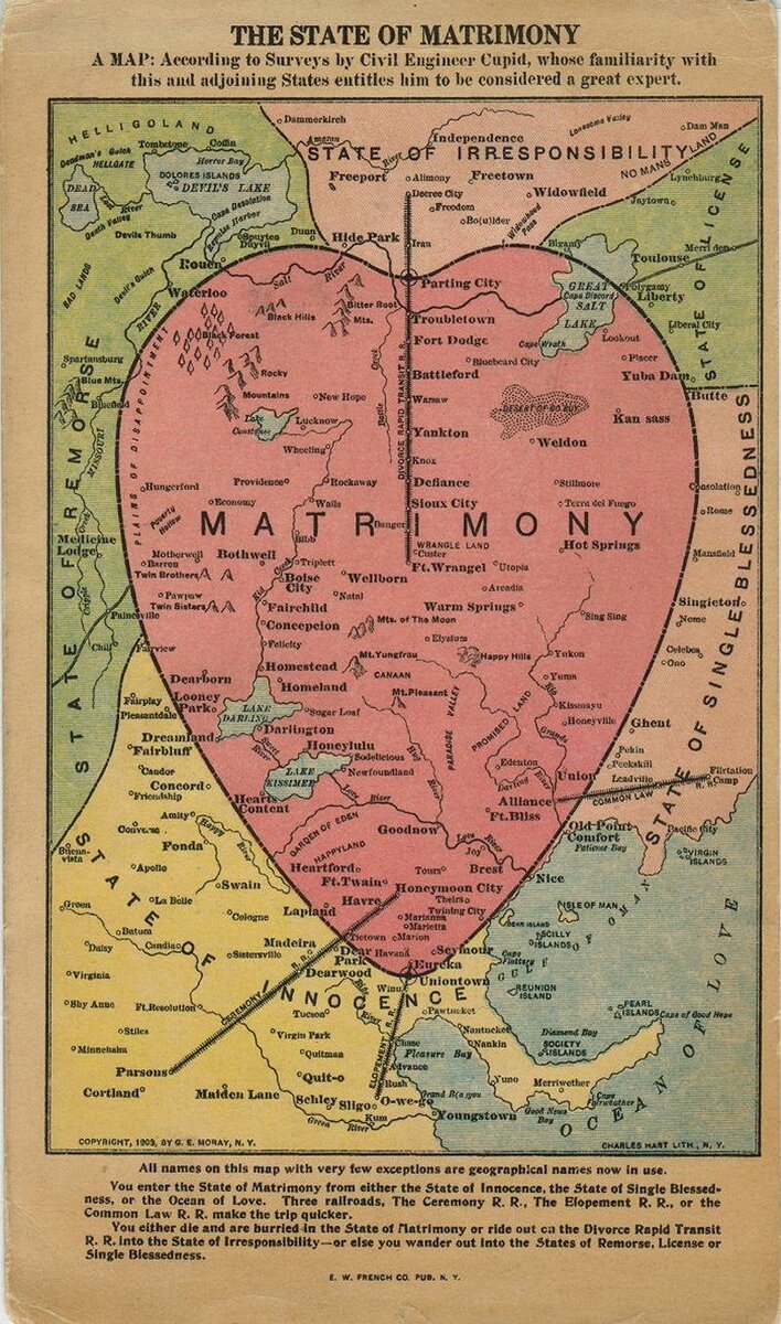 George Edward Moray's "The State of Matrimony, A Map: According to the Surveys by Civil Engineer Cupid, whose familiarity with this and adjoining States entitles him to be considered a great expert", 1909 - Джордж Эдвард Морей. «Государство брака, карта: согласно исследованиям инженера-строителя Купидона, чье знакомство с этим и соседними государствами дает ему право считаться великим экспертом»