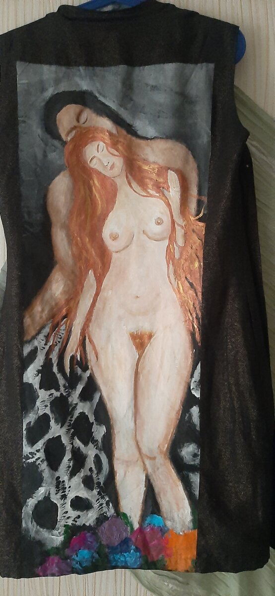 Адам и Ева. по мотивам картины Г.Климта. Рисунок на жилете, автор В.Шмакова