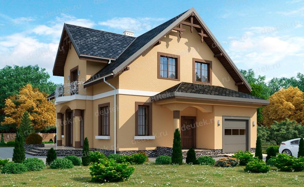 Проект дома 251 м2 из керамоблока с гаражом, кабинетом, балконом и террасой - DT0379