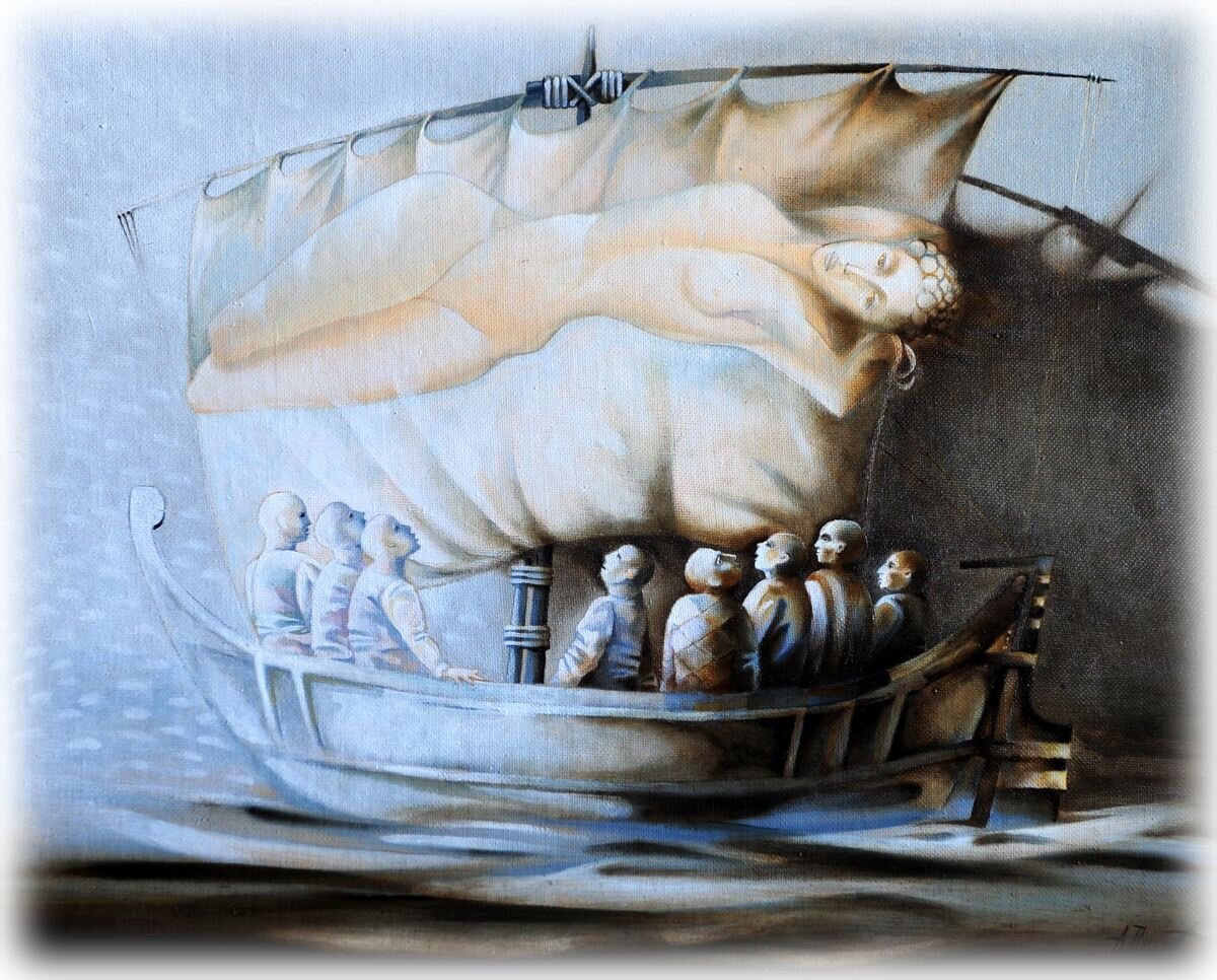 © Александр Пилипенко. Новый парус. Х.м. 54х66 см. 2011. От себя отмечу, что эта работа удивительно соответствует ситуации с нашим каналом и даже с числом экипажа нашего корабля, фигурирующего в излагаемом здесь романе-феерии. – М.Л. 