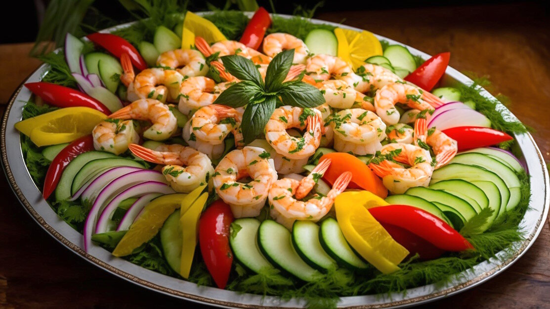    Салат с креветками, огурцом и болгарским перцем