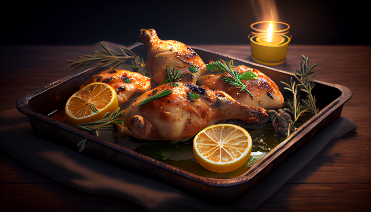 Автор: MidJourney, по описанию: Baked chicken thighs with lemon and rosemary, unreal engine 5, --ar 16:9
