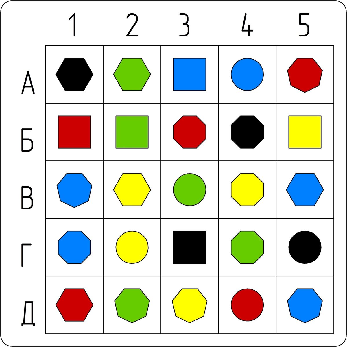 Найдите в таблице 2 одинаковые геометрические фигуры.