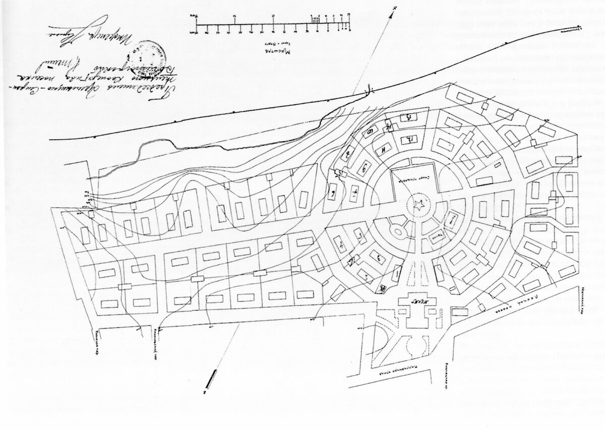 Рабочий поселок-сад "Богатырский" в Богородском. Арх. В.М. Маят. 1924-1925 гг. Генплан. Пришлось его повернуть на 180 градусов, чтобы он отображал реальную картину по направлениям частей света