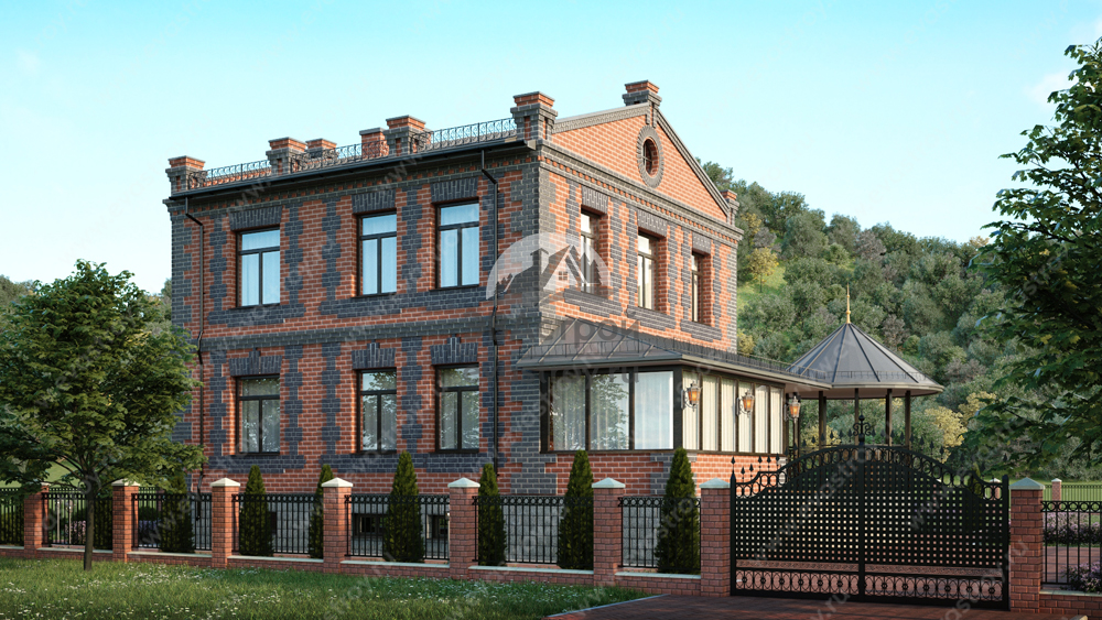 Проект двухэтажного дома 245 м2 из кирпича с цокольным этажом, тренажёрным залом и террасой - LK-27