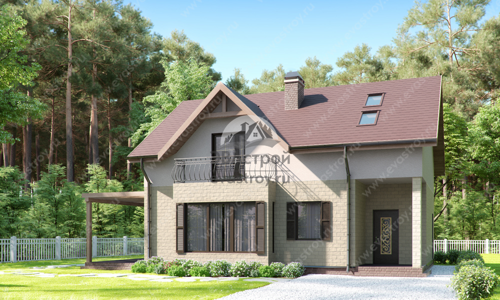 Проект дома 170 м2 из газобетона с мансардой, эркером, балконом и террасой - LK-39