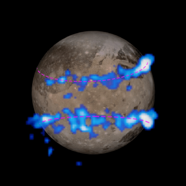 Изображение полярных поясов Ганимеда, сделанное космическим телескопом «Хаббл». Источник: NASA.
