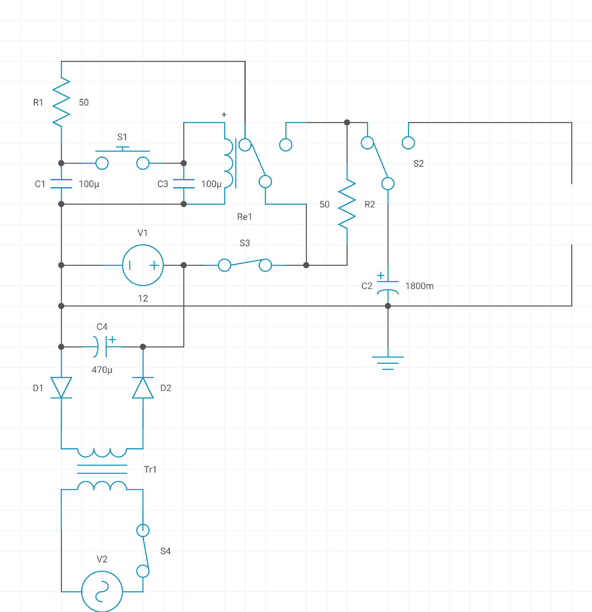Переключатель S2 включается с помощью реле и подаёт ток с батареи конденсаторов на сварные электроды. Электроды нужно сделать из медных стержней. Стержни для сварки затачивают по конус с точечным пятном в месте соприкосновения металла с электроприводом диаметром от миллиметра до восьми миллиметров. Размер сварного пятна выбирается в зависимости от толщины свариваемого металла. Время сварки подбирается с помощью конденсатора С1. Который удерживает реле в включенном состоянии. Когда нажата кнопка S1 реле замыкается на себя и удерживается с помощью конденсатора С1 и С2.  Время для сварки подбирают от полсекунды до трёх, четырех секунд. В бестрансформаторном варианте напряжение зарядки ограничено с помощью конденсатора С5. И ограничение тока с помощью обычных ламп накаливания, выполняющие роль сопротивления. Реле также выбирается под напряжение на рабочем конденсаторе С2, напряжение можно выбрать от 12 до 80 вольт. Если заменить реле на мощный тиристор, то можно вести и дуговую сварку. Тогда с дополнительного контакта реле  можно подавать сигнал на тиристор и подавать через него ток с конденсаторной батареи С2 на электроды и устроить дуговую сварку. Если использовать схему как есть, то из за частых срабатываний контактов при дуговой сварке, они могут быстро износится. Для сверления и конденсаторной сварки контакты работают в более щадящем режиме. Если нужно устроить отдельное устройство реле управления, то можно использовать такую схему 