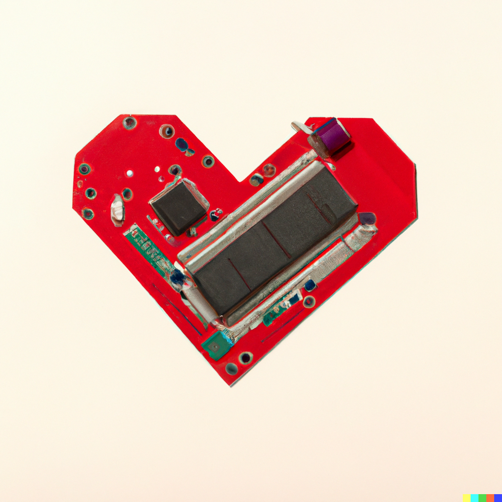 Микроконтроллер в форме сердца. Так это выглядит по мнению Dall-e от Open-AI