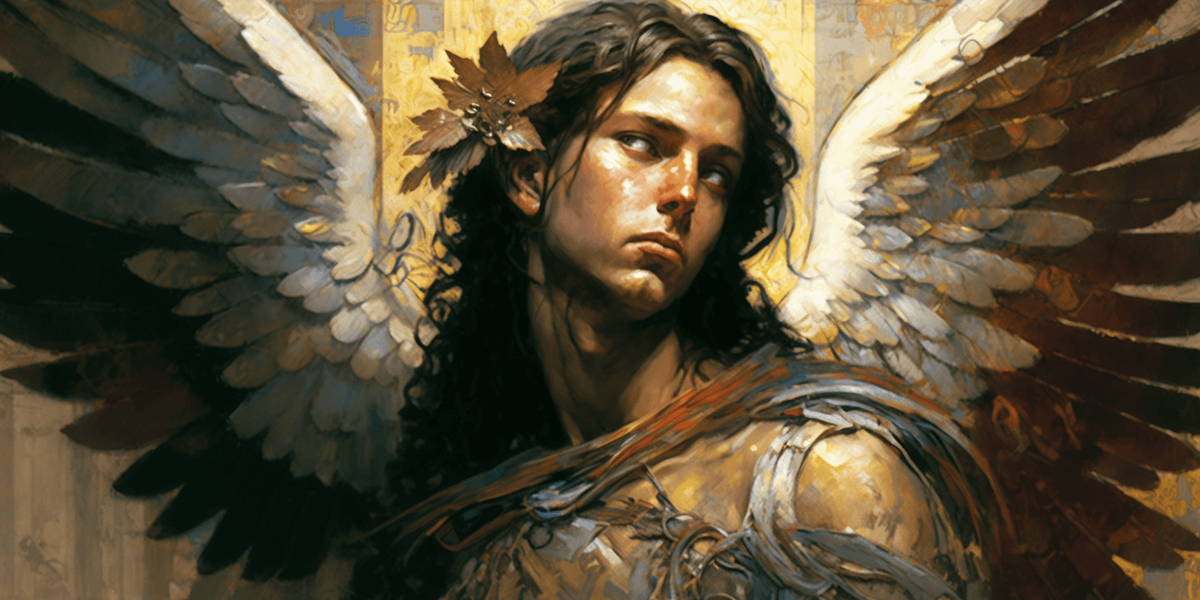  , Mikhail Vrubel: A stylized angel with large wings, surrounded by intricate patterns