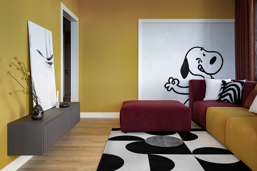 Общий вид гостиной. Консоль выполнена на заказ студией «ВарАлекс». На консоли — картина Анастасии Кубликовой.