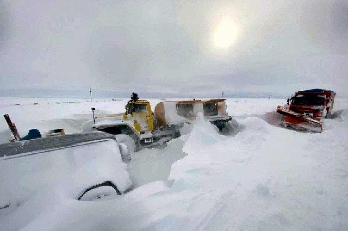    Женщин и детей эвакуируют на снегоходах из затора на дороге в Териберке