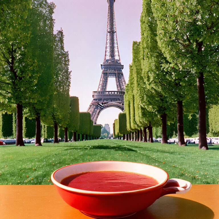 Borscht soup in paris restaurant with eiffel tower background, photorealistic, 4k