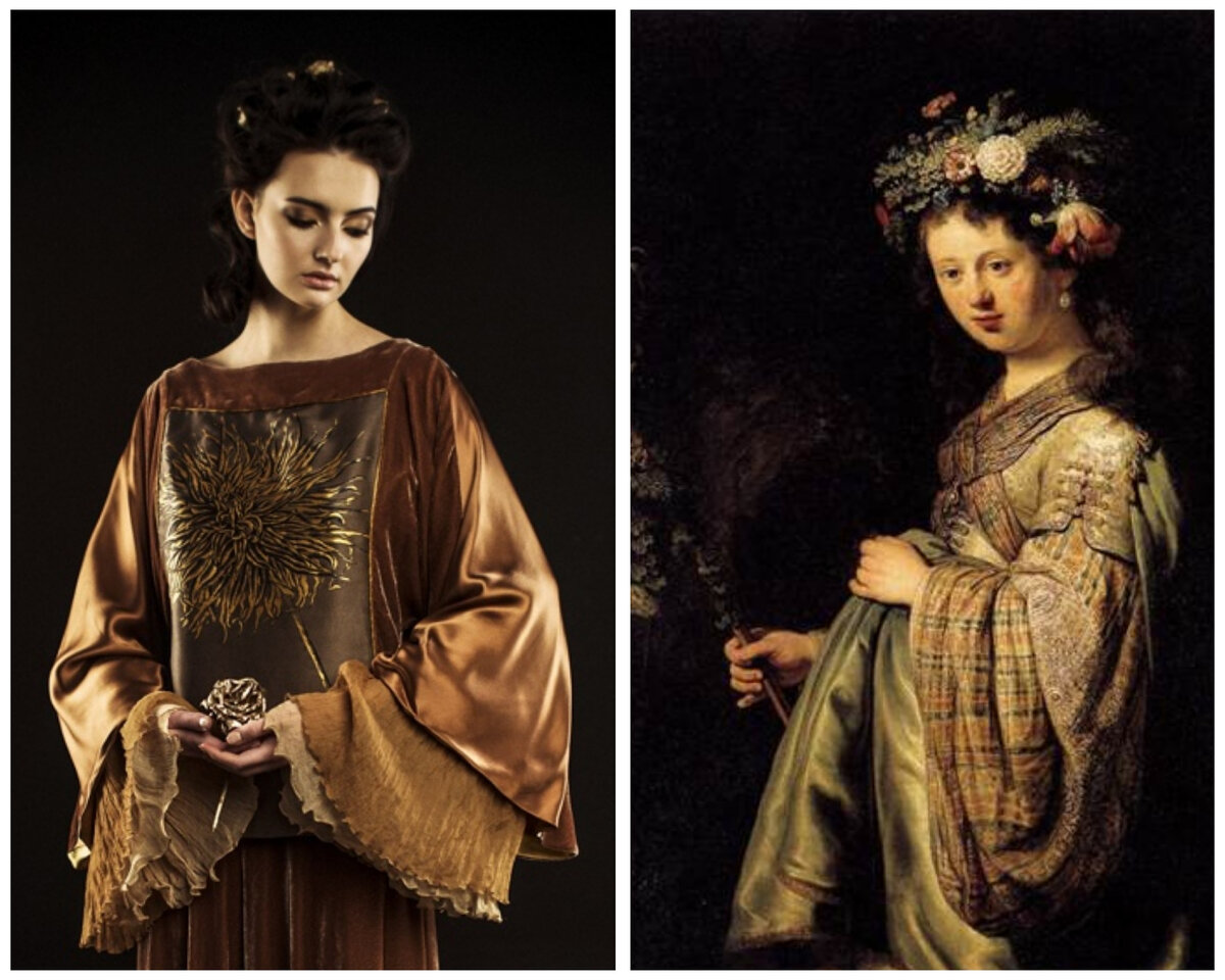Образ из коллекции Haute Couture «Золотая Флора» (2014 г.) Модного Дома ELENA TKACHENKO (сплева). «Флора» (1634 г.) Рембрандт Харменс ван Рейн. Х.м. (справа).