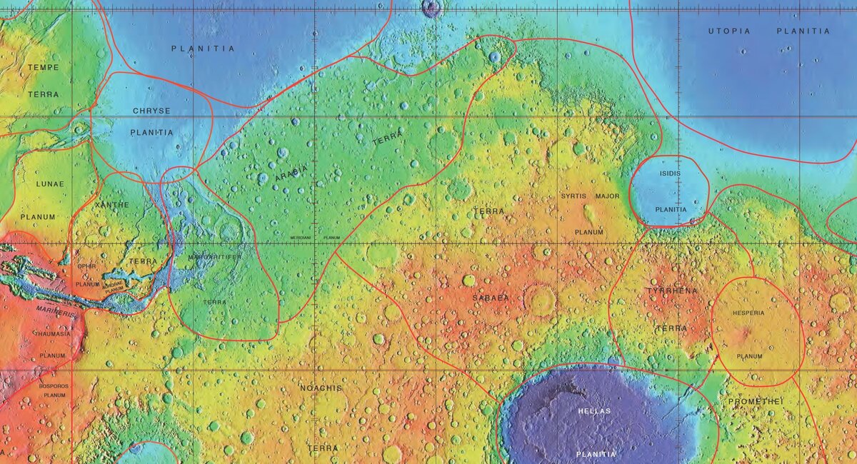 Регион "Arabia Terra" на карте Марса, немного левее и выше центра.