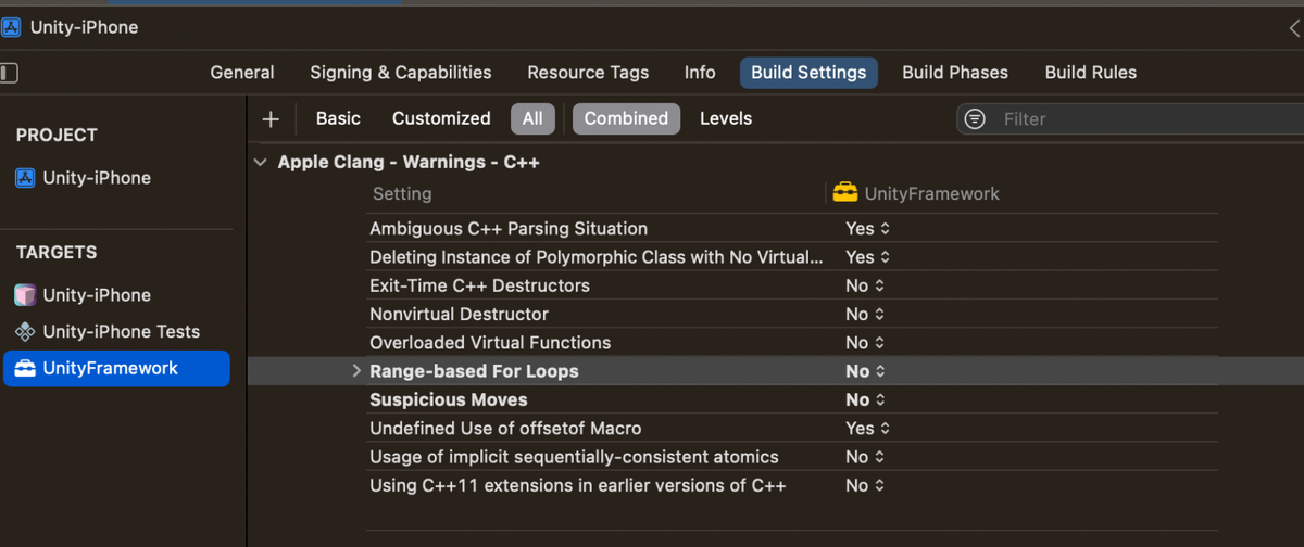 UnityFramework > Build Settings. Листаем список до Apple Clang - Warnings - C++