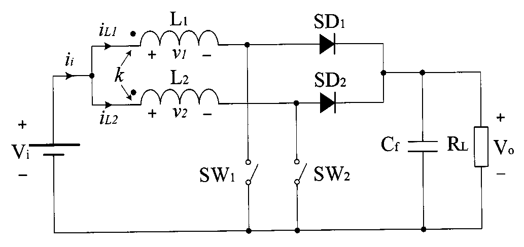 Рис.1. Топология силовой части двухфазного boost-конвертера с магнитосвязанным дросселем [2].