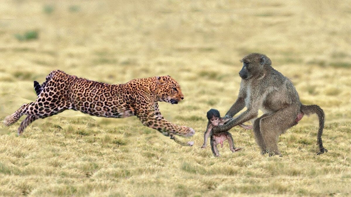Ох, не любят бабуины леопардов. Они прекрасно лазают по деревьям, угрожая благополучию и жизни обезьян, и при случае нападают на них. Бабуины и антилопы часто объединяются и подают взаимные тревожные сигналы при приближении хищных кошек по земле или поверху. Надо же было этой маме спуститься вниз вместе с малышом. Его-то она защитит, убрав за спину. Возможно, ценою собственной жизни, если стая не подоспеет на помощь.