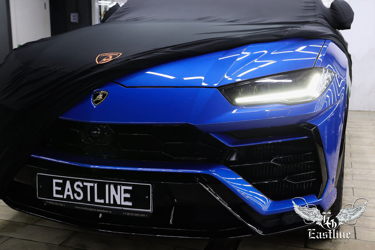 Lamborghini Urus в тюнинг-ателье Eastline Garage. Чёрный защитный чехол для  синего автомобиля | Тюнинг ателье Eastline garage | Дзен