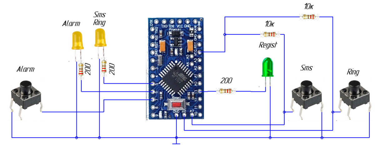Подключение кнопок и светодиодов.