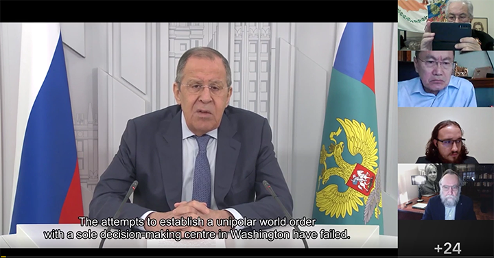 СЕРГЕЙ ЛАВРОВ НА ГЛОБАЛЬНОЙ КОНФЕРЕНЦИИ МНОГОПОЛЯРНОСТИ. СКРИНШОТ ТРАНСЛЯЦИИ КОНФЕРЕНЦИИ