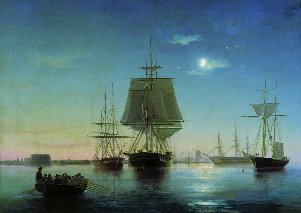 Боголюбов А.П., Кронштадский рейд с кораблями вечером, 1855