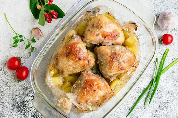 Курица с картошкой в рукаве, запеченная в духовке, получается очень вкусной и аппетитной. Такой вариант приготовления картошки с мясом намного полезнее, чем жарка.-6