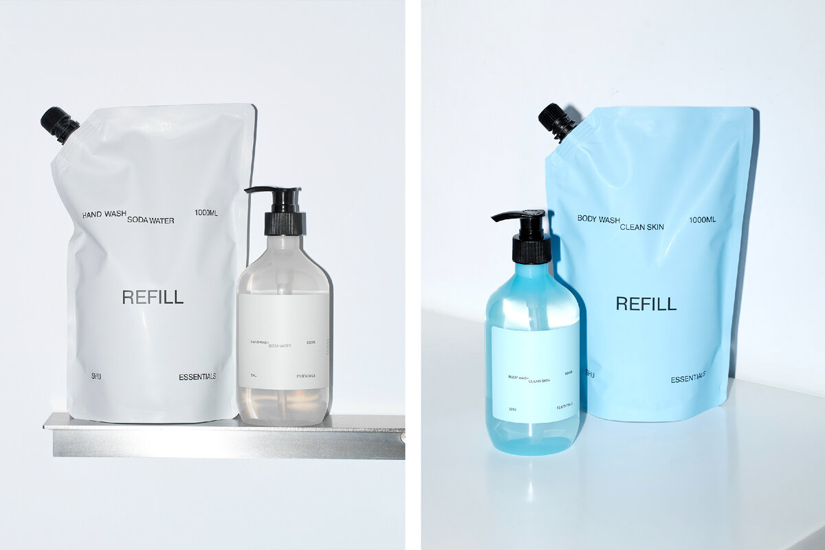 Мыло и гель для душа в дозаторах и рефиллах из линейки SHU Essentials