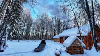 Зимний лес после снегопада. Ночевка в ТЕПЛОМ БРЕВЕНЧАТОМ ДОМИКЕ.
