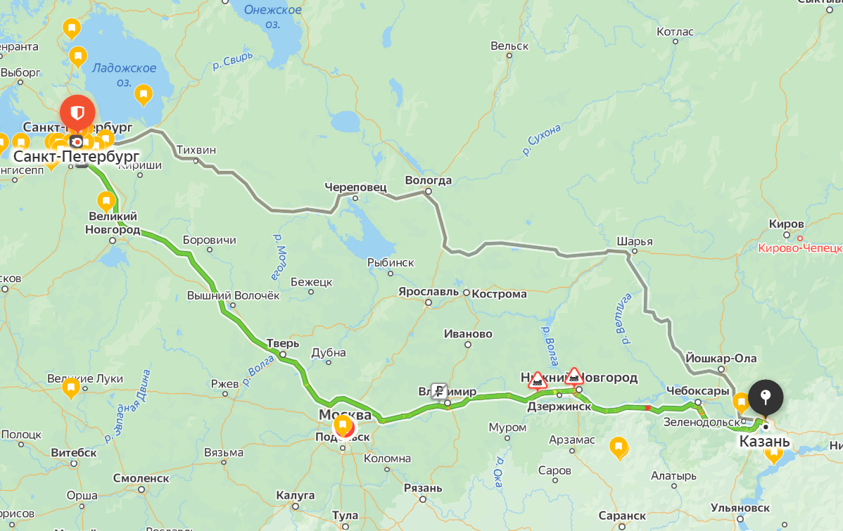 Санкт-Петербург - Казань: расстояние, маршрут, длина пути, карта