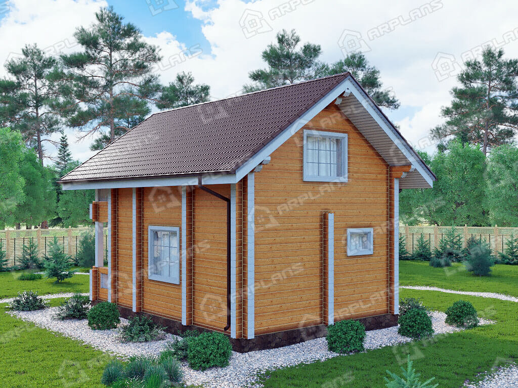 Фото 2 двухэтажного дома из бруса с мансардой, 2 спальнями, балконом и террасой. 70 кв м. Источник arplans.ru Проект ДС-023