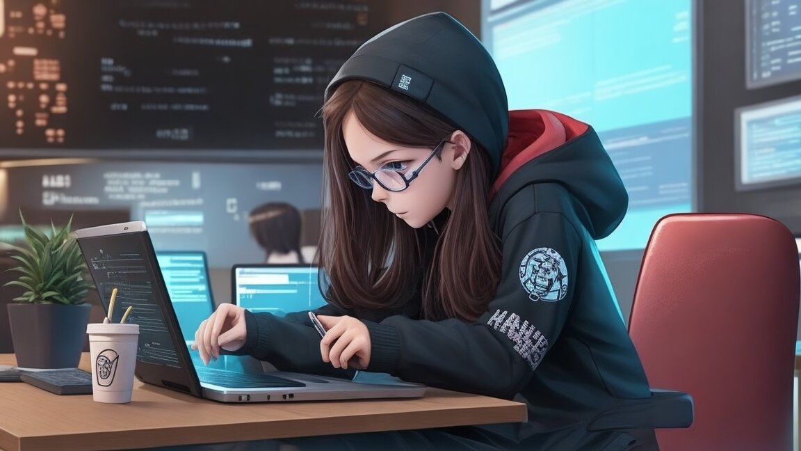 Для создания этого изображения был использован промпт "hacker girl writes code for a program in a cafe"