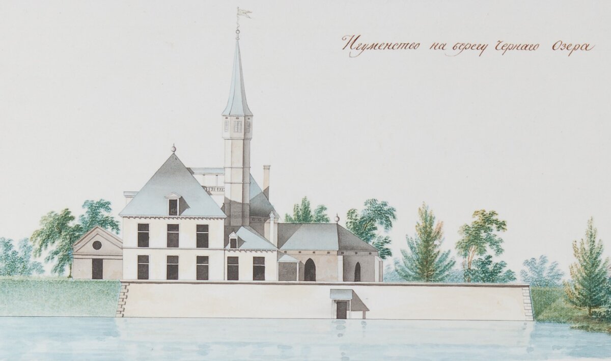 Фасад, разрез, планы Приората. Лист из «Атласа по Гатчинскому дворцу». 1789. Государственный музей-заповедник «Гатчина»