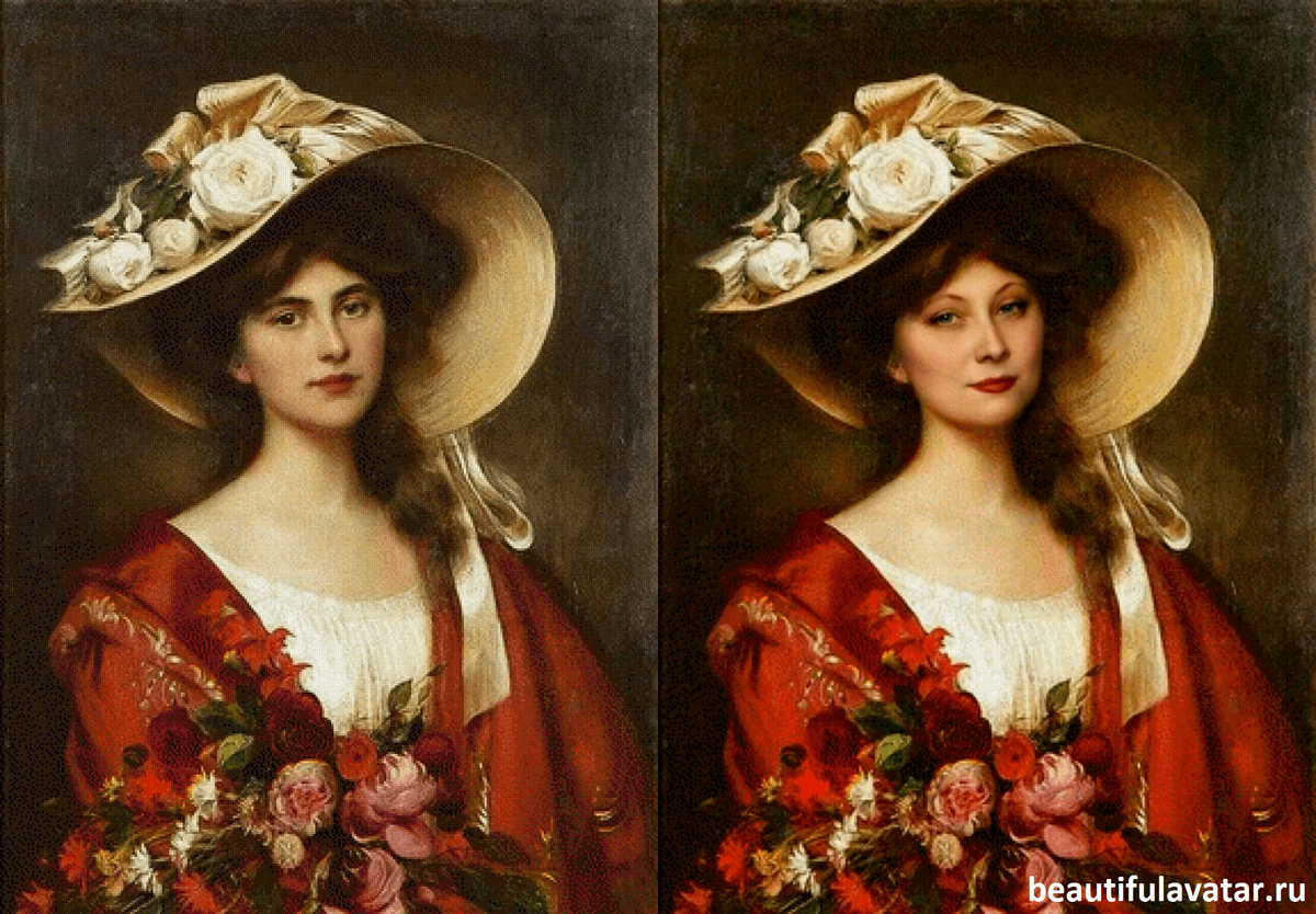Альберт Линч - портрет молодой женщины в шляпе и с букетом цветов 😍 + Красивый портрет в образе с лицом девушки 👍 Заказать изготовление👍