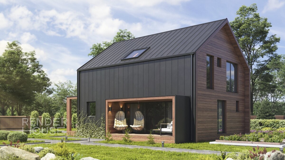 Проект БАРНХАУС, в крыше есть мансардные окна для дополнительного освещения внутренних помещений 